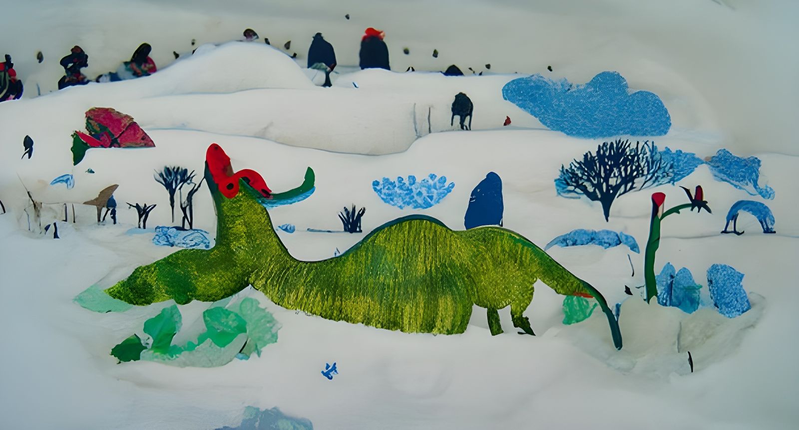 Dinosaur in Tundra Landscape, Folk Art Style