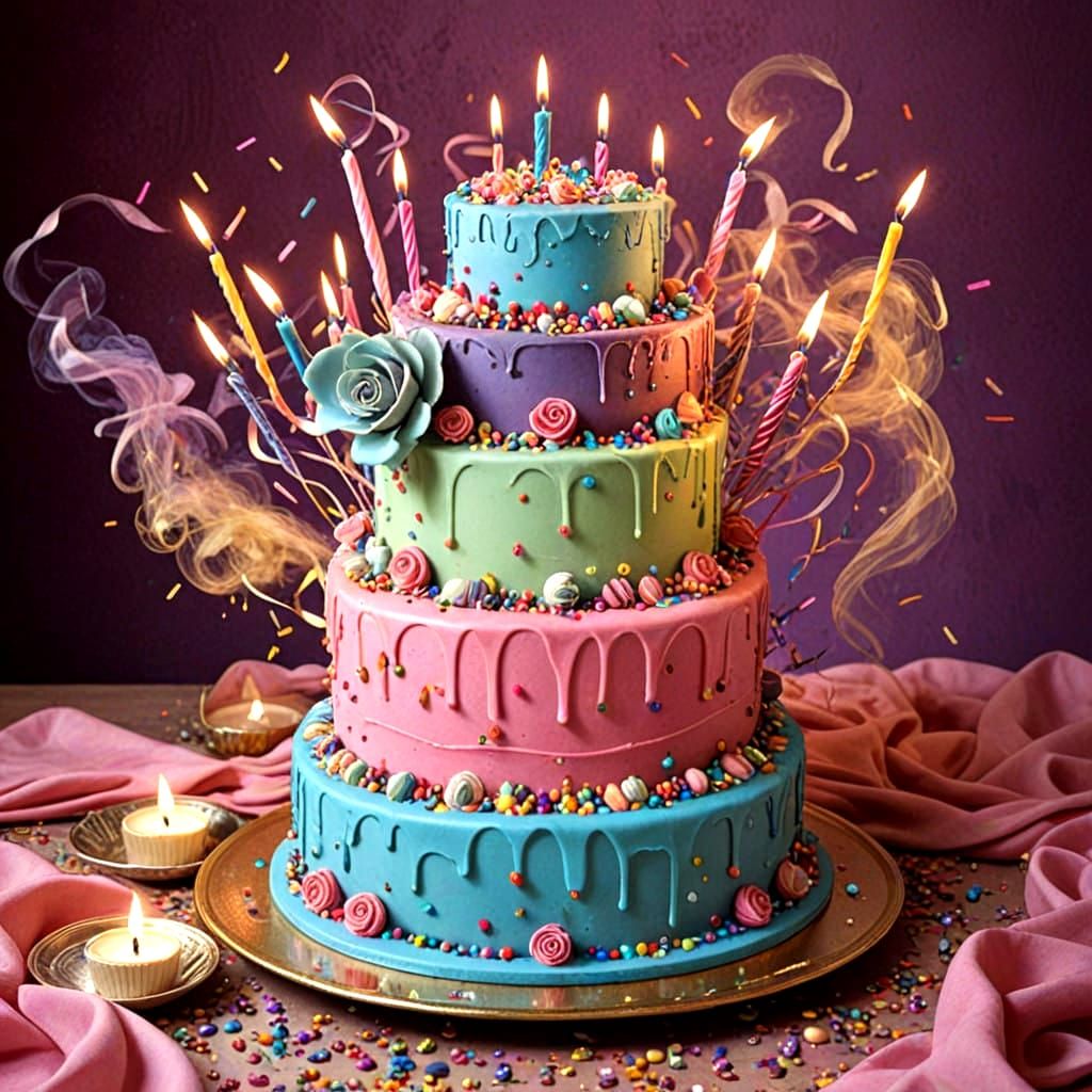 Vibrant Birthday Cake in Whimsical, Dreamlike Setting