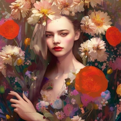 Regal Woman Surrounded by Flowers: Digital Art