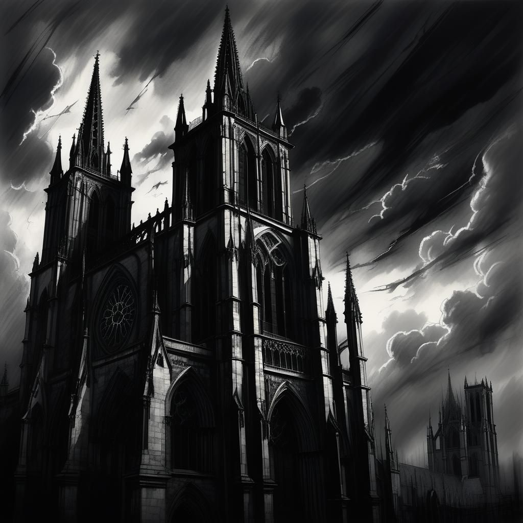 Ethereal Gothic Cathedral Amidst Turbulent Skies