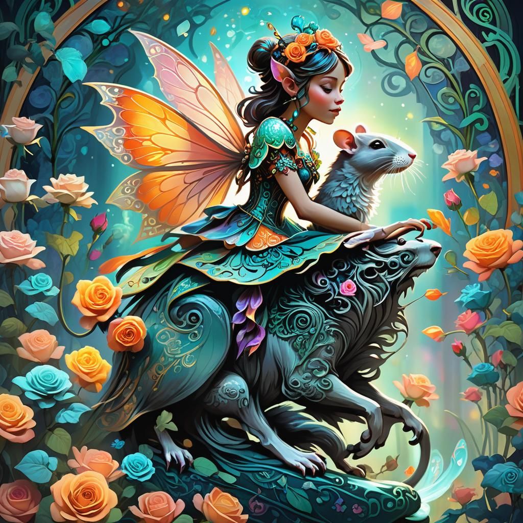 Fairy Rides Rat Through Prismatic Rose Garden
