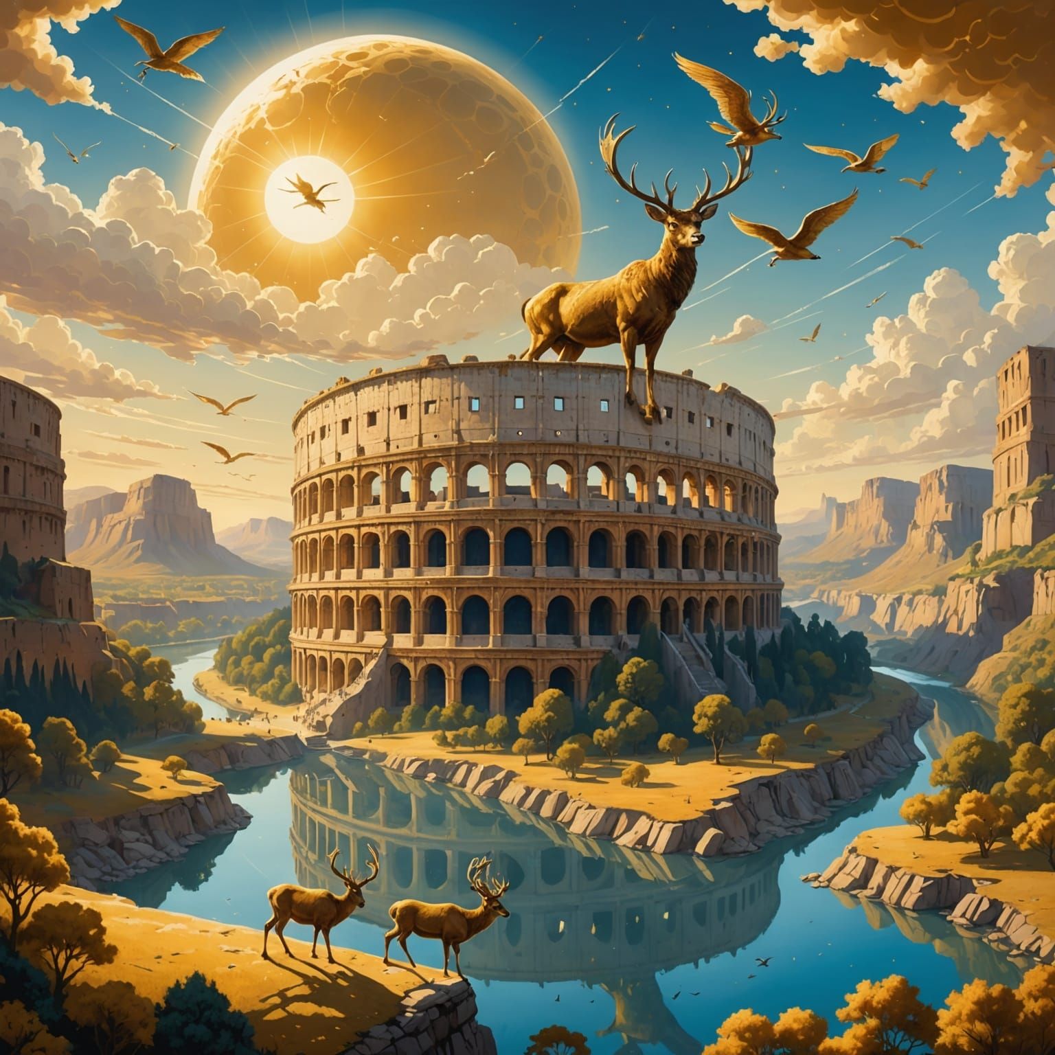 Golden Colosseum Floating in Sky with Winged Deer