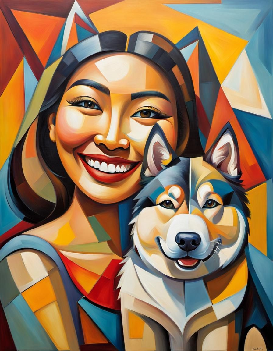 Cubist Portrait: Woman and Alaskan Malamute
