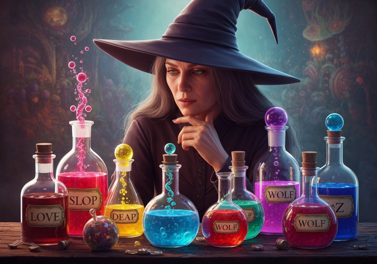 Witch Prepares Magic Potion in Hyperrealistic Splash Art