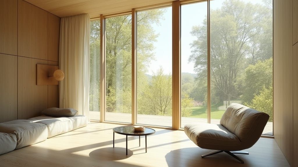Modernist Room with Floor-to-Ceiling Windows and Sleek Furni...