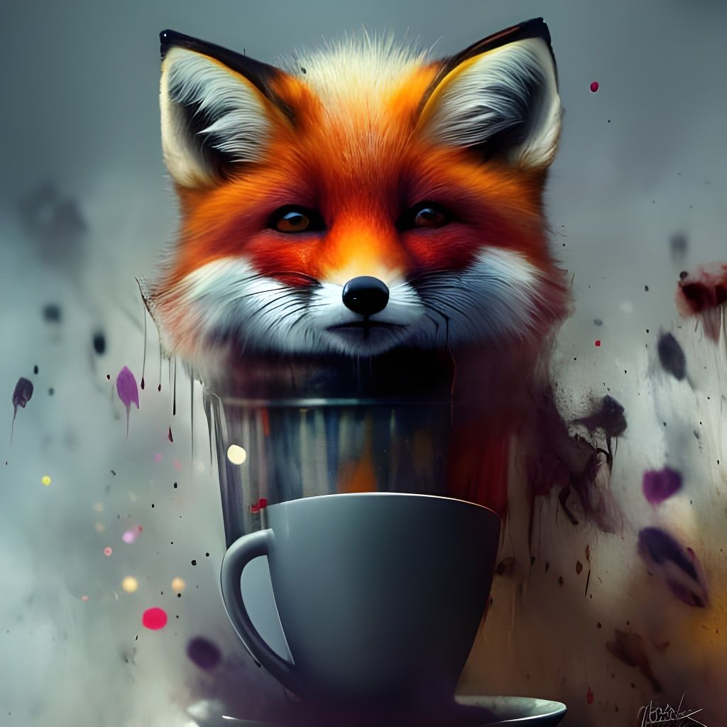 Fox Enjoying Coffee: Ink Splatter Art