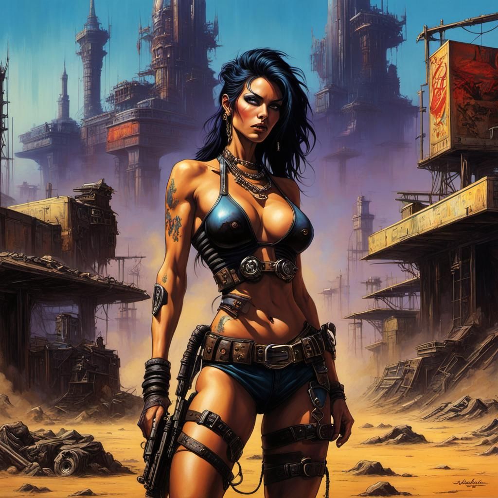 Cyberpunk Wasteland Warrior in Neon Graffiti Style