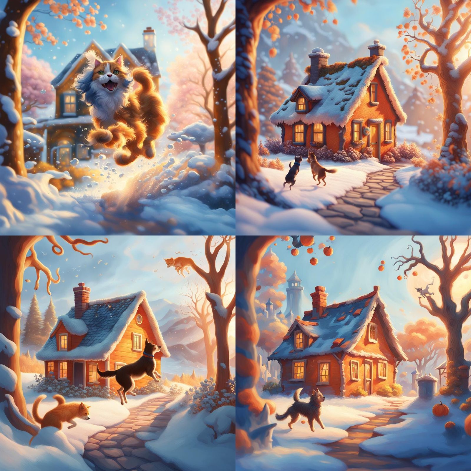 Dog and Cat Jumping: Detailed Matte Painting