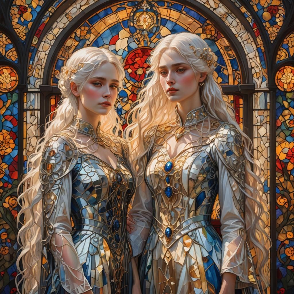 Twin Sisters in Klimt-Inspired Gowns, Art Nouveau Style