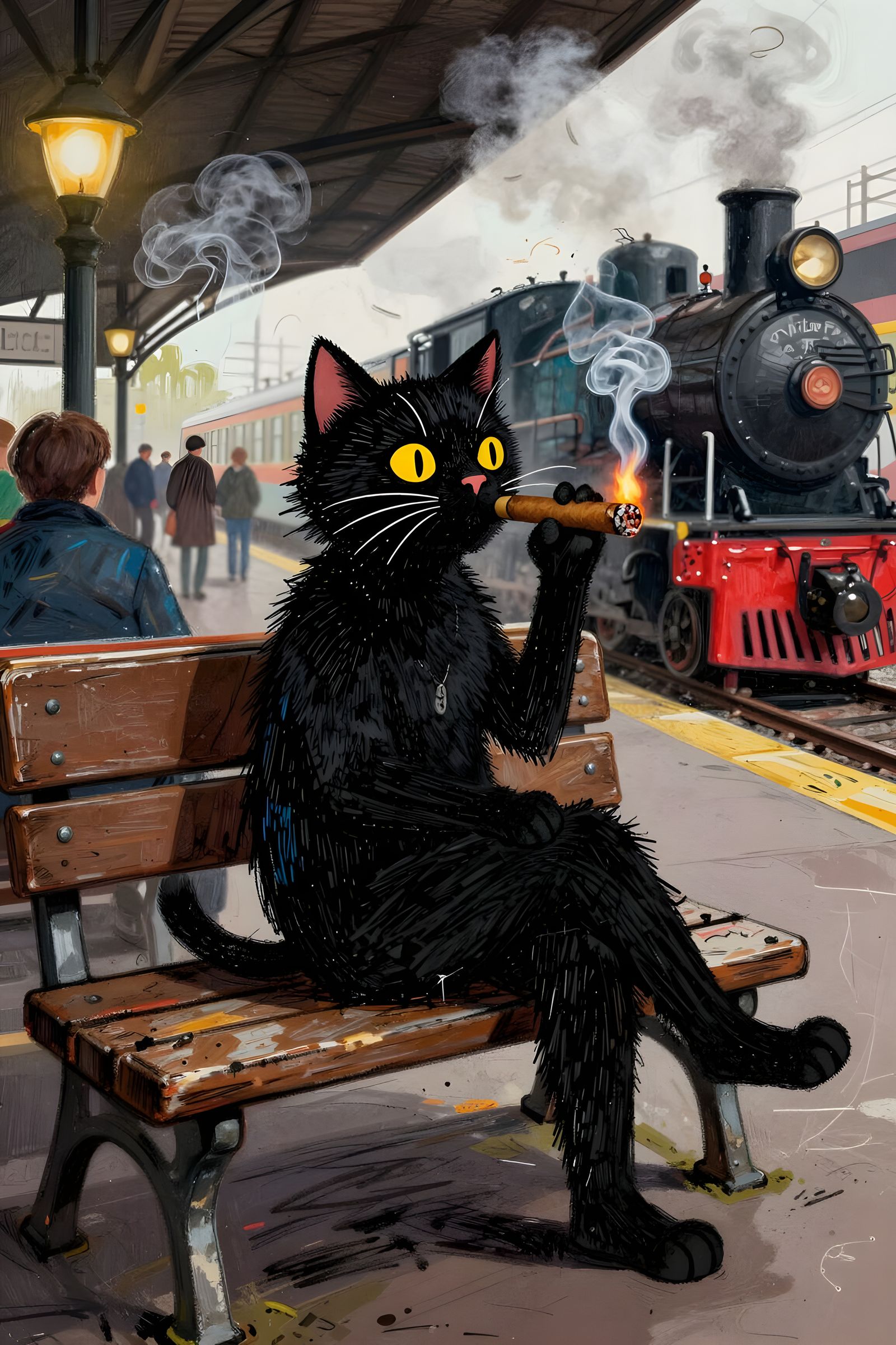 Black Cat Smoking Cigar in Vintage Train Station Scribble Ar...