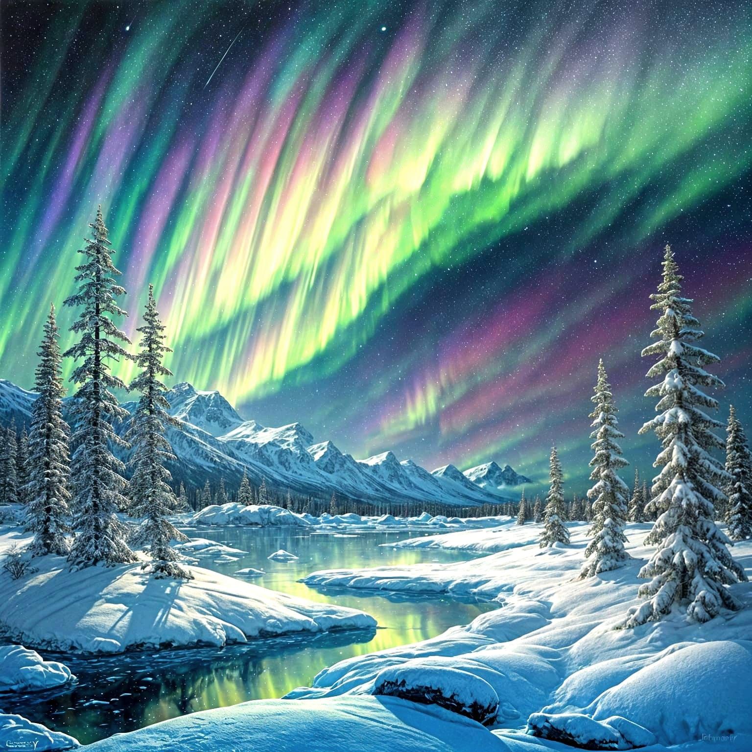 Antarctic Sky with Northern Lights: Oil Painting