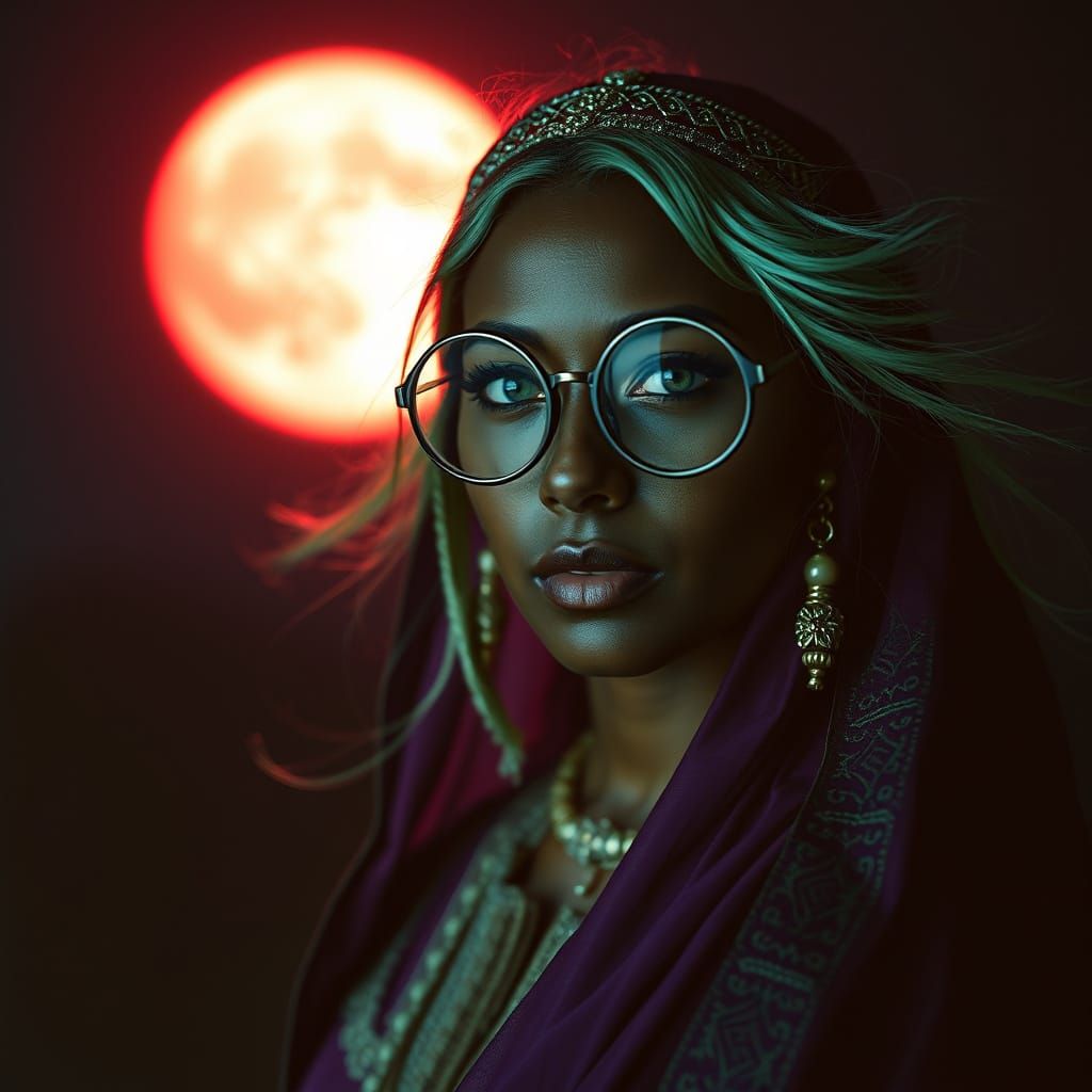 Mystical Woman Under Red Moon in Cinematic Style
