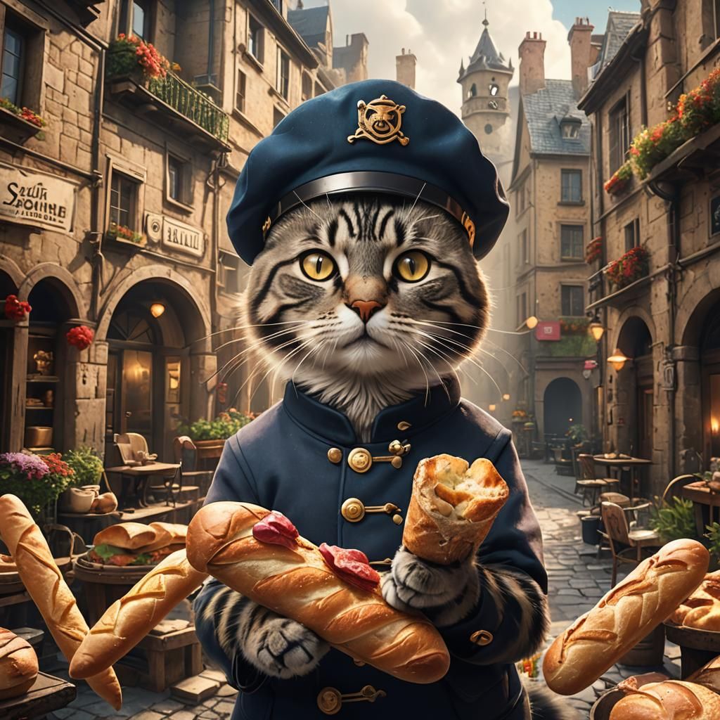 Cat with Baguette and Beret in Digital Painting
