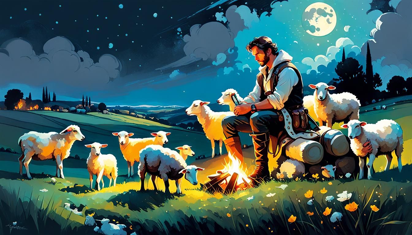 Cosmic Shepherd and Sheep in Bioluminescent Meadow