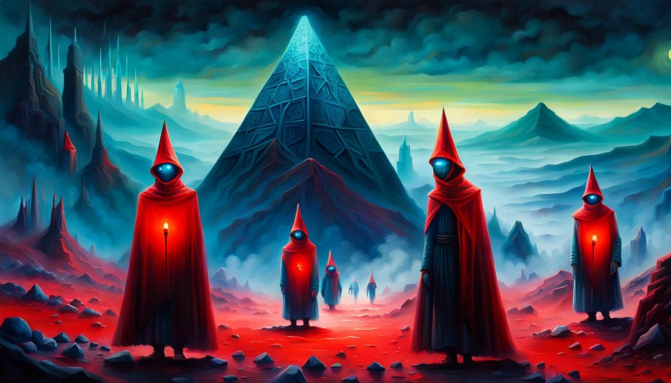 Surreal Aliens in Canyon with Glowing Pyramids