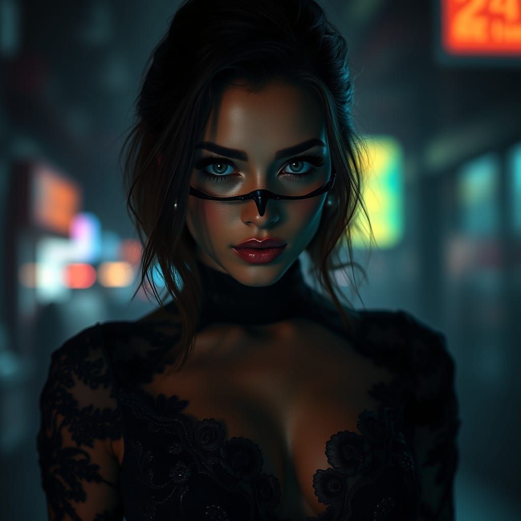 gorgeous woman in Black Lace dress, sharp focus, front light...