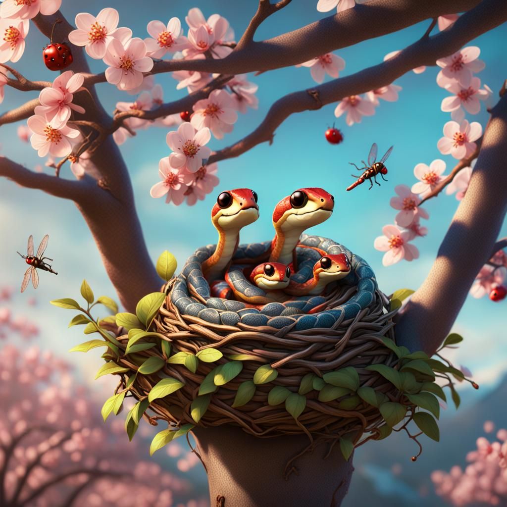 Baby Snakes in Cherry Tree: 3D Digital Art