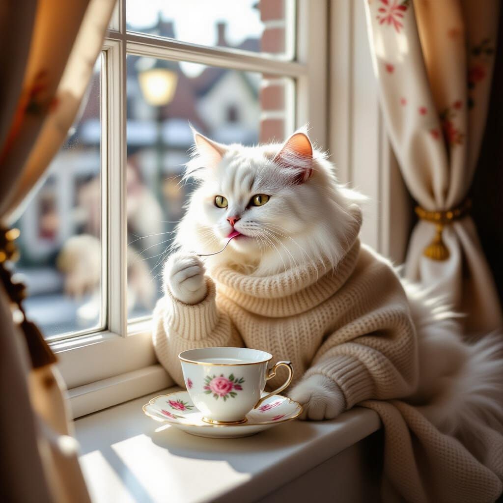 Fluffy Cat Sipping Milk on Sunny Windowsill
