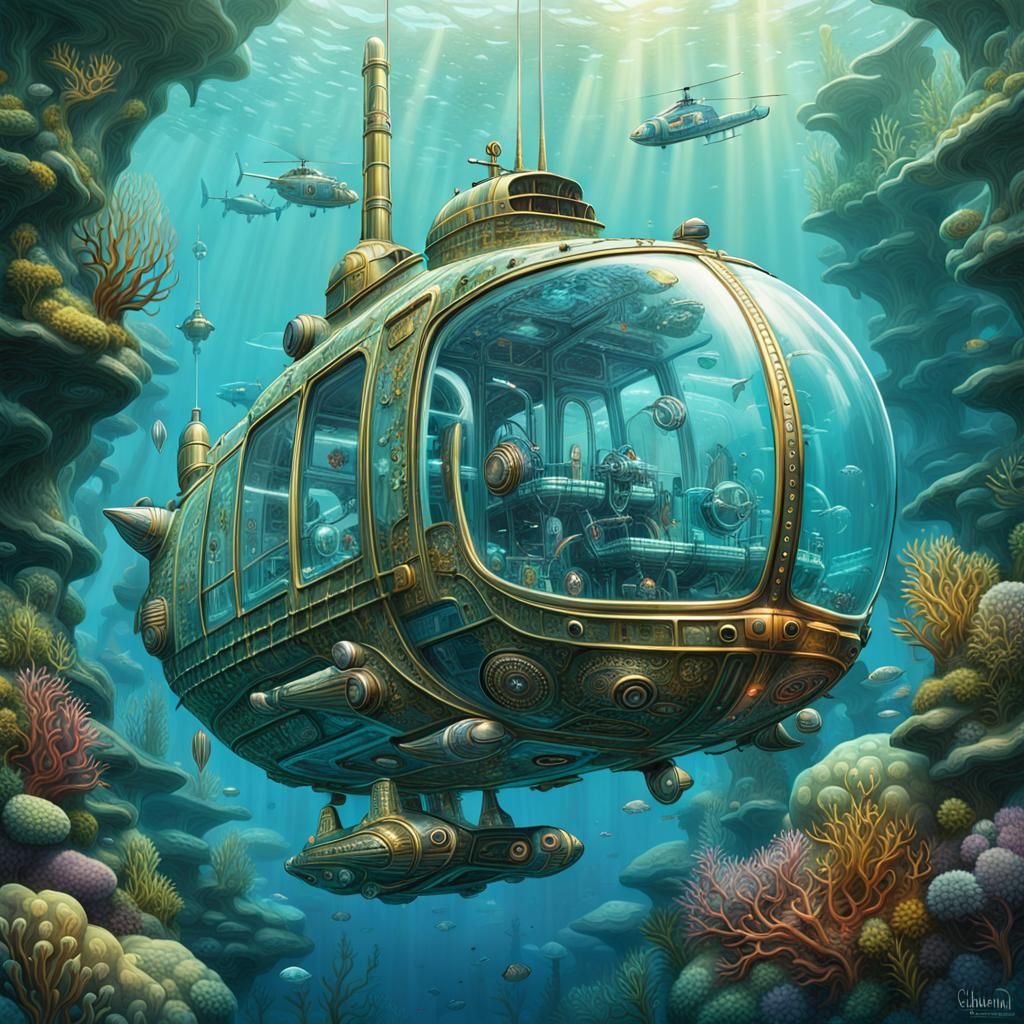 Futuristic Decopunk Submarine in Underwater Scene