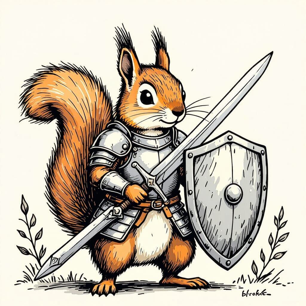 Squirrel Knight Line Drawing with Sword and Shield