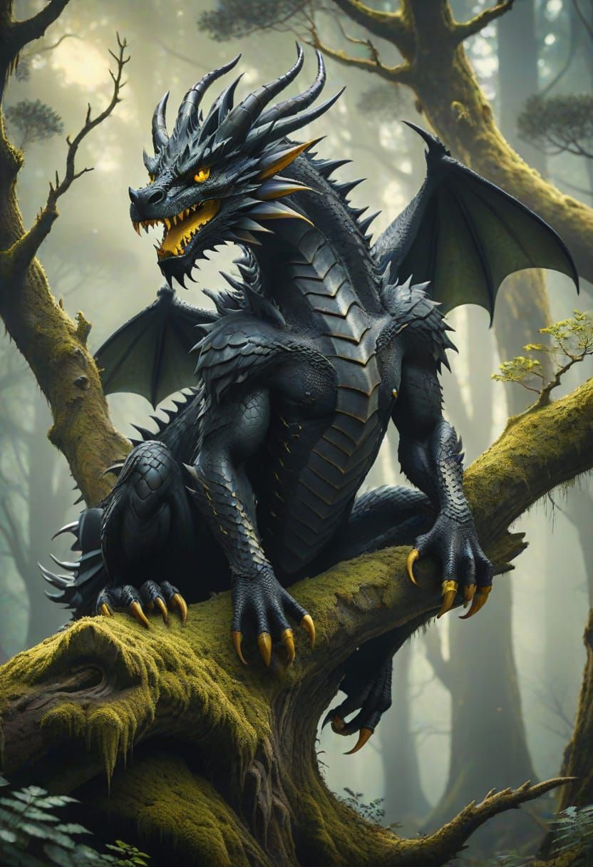 Giant Black Dragon Creature on Tree Branch in Forest