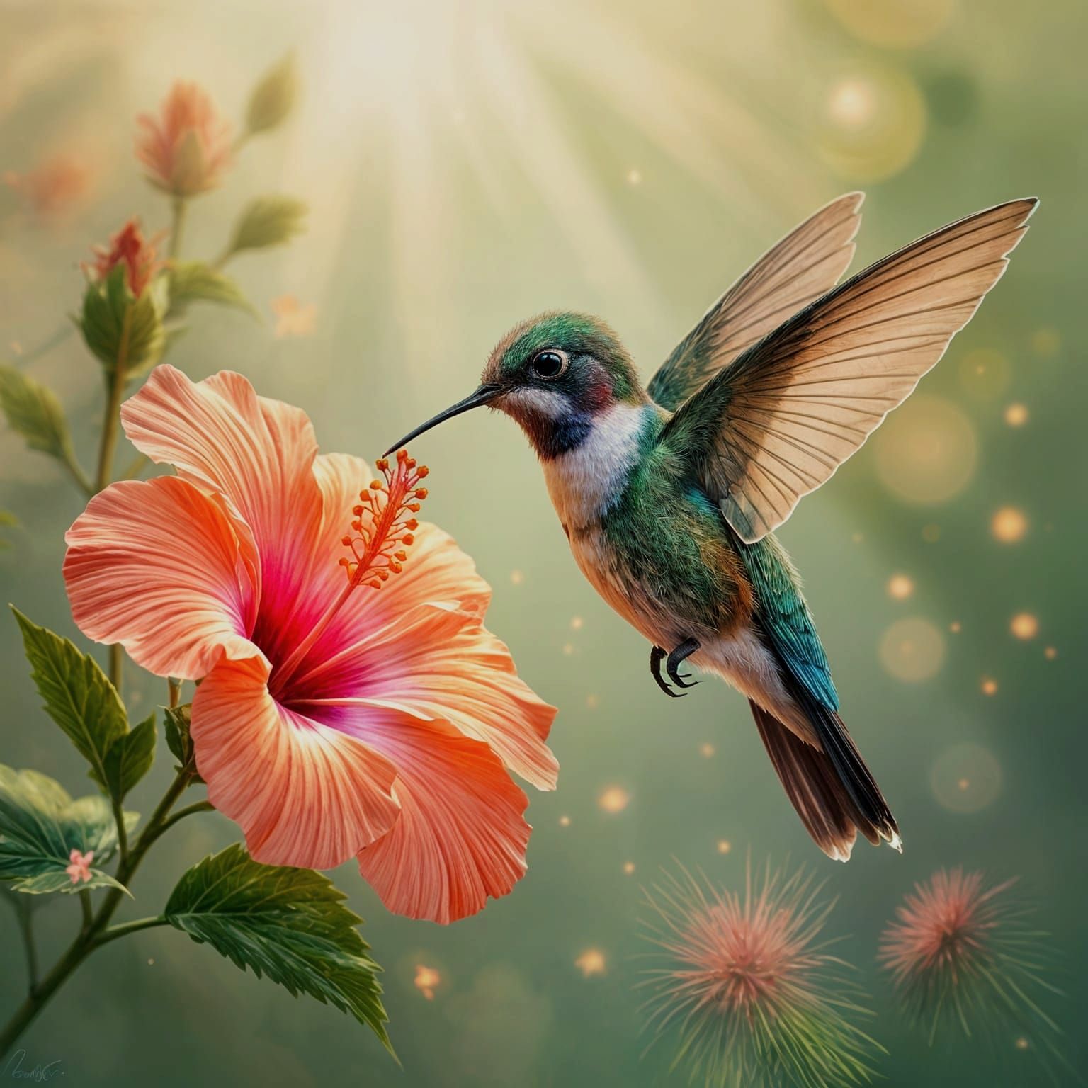 Charcoal Drawing of Hummingbird Sipping Hibiscus Nectar