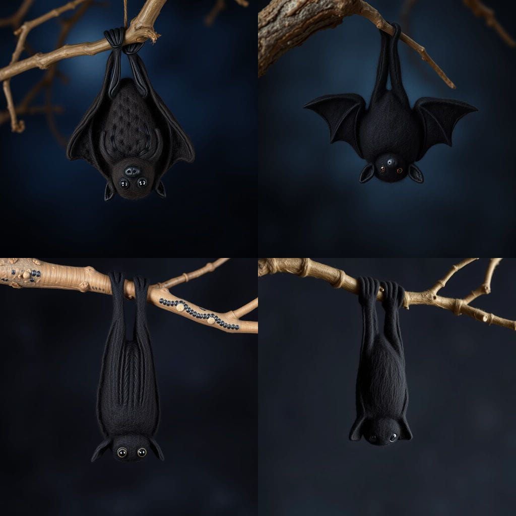 Felted Black Baby Bat Hanging Upside Down