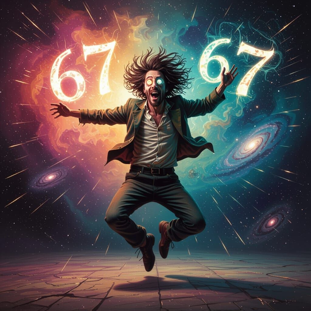 Surreal Dancer Levitating Among Nebula and Glowing Numbers