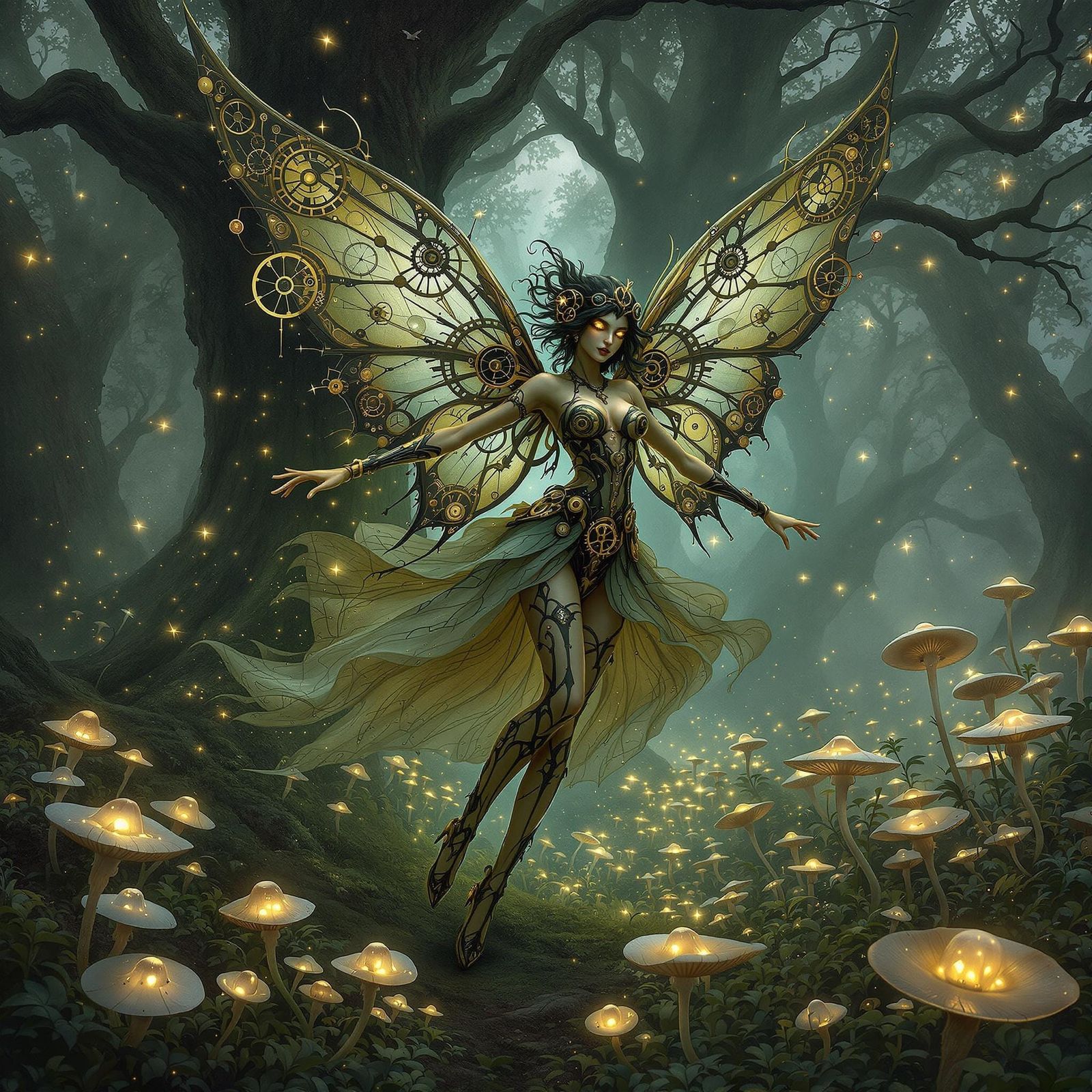 Steampunk Fairy Dancing in Bioluminescent Field