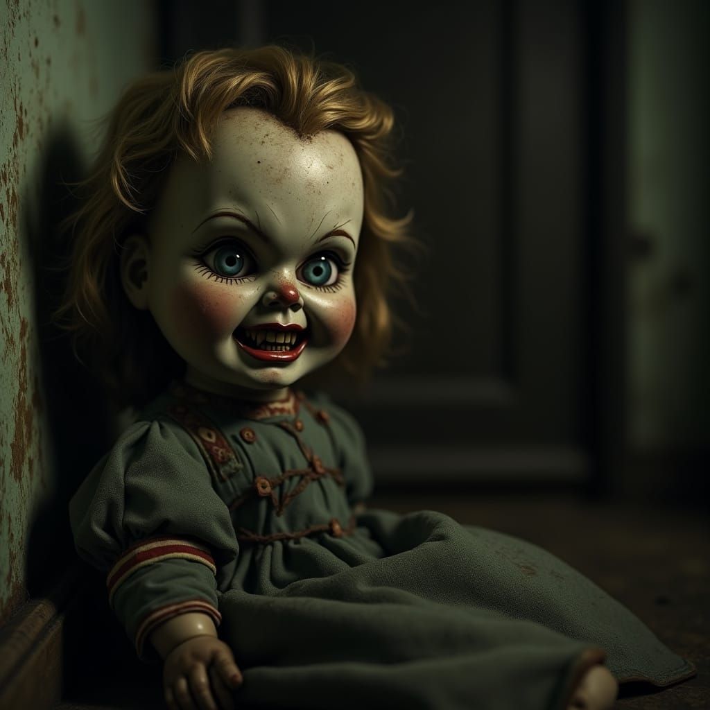 Sinister 1950s Porcelain Doll in Creepy Horror Scene