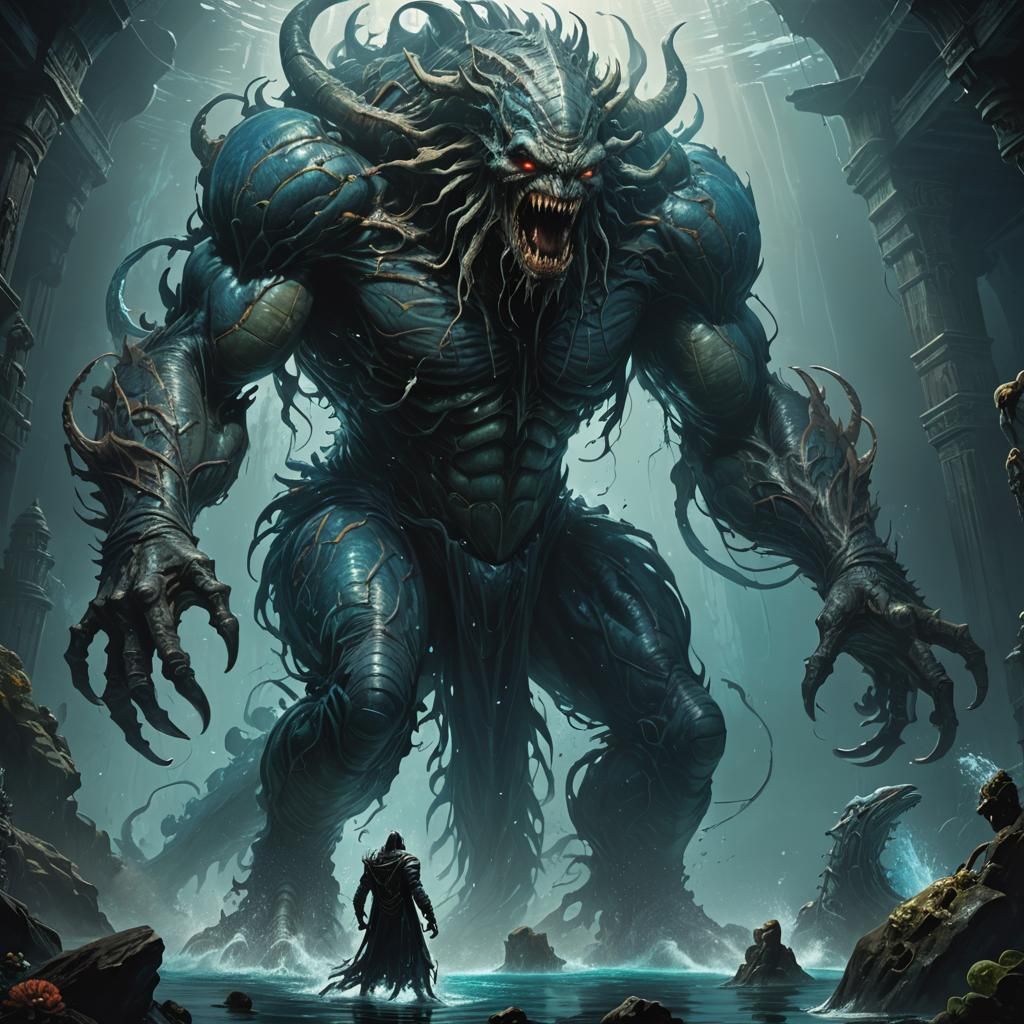 Gruesome Monster Worships Underwater God: Dark Fantasy Art