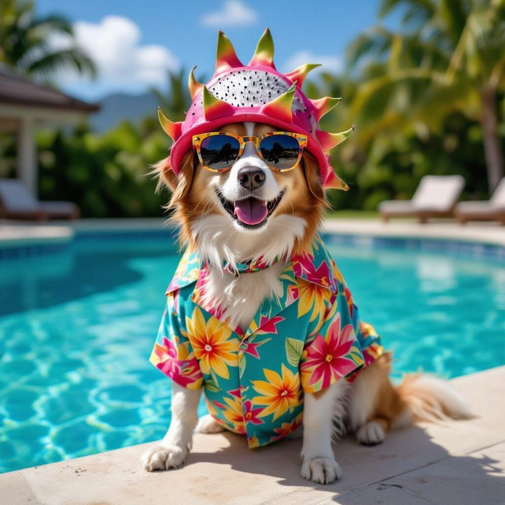 Dog in Dragon Fruit Hat, Murakami-esque Style