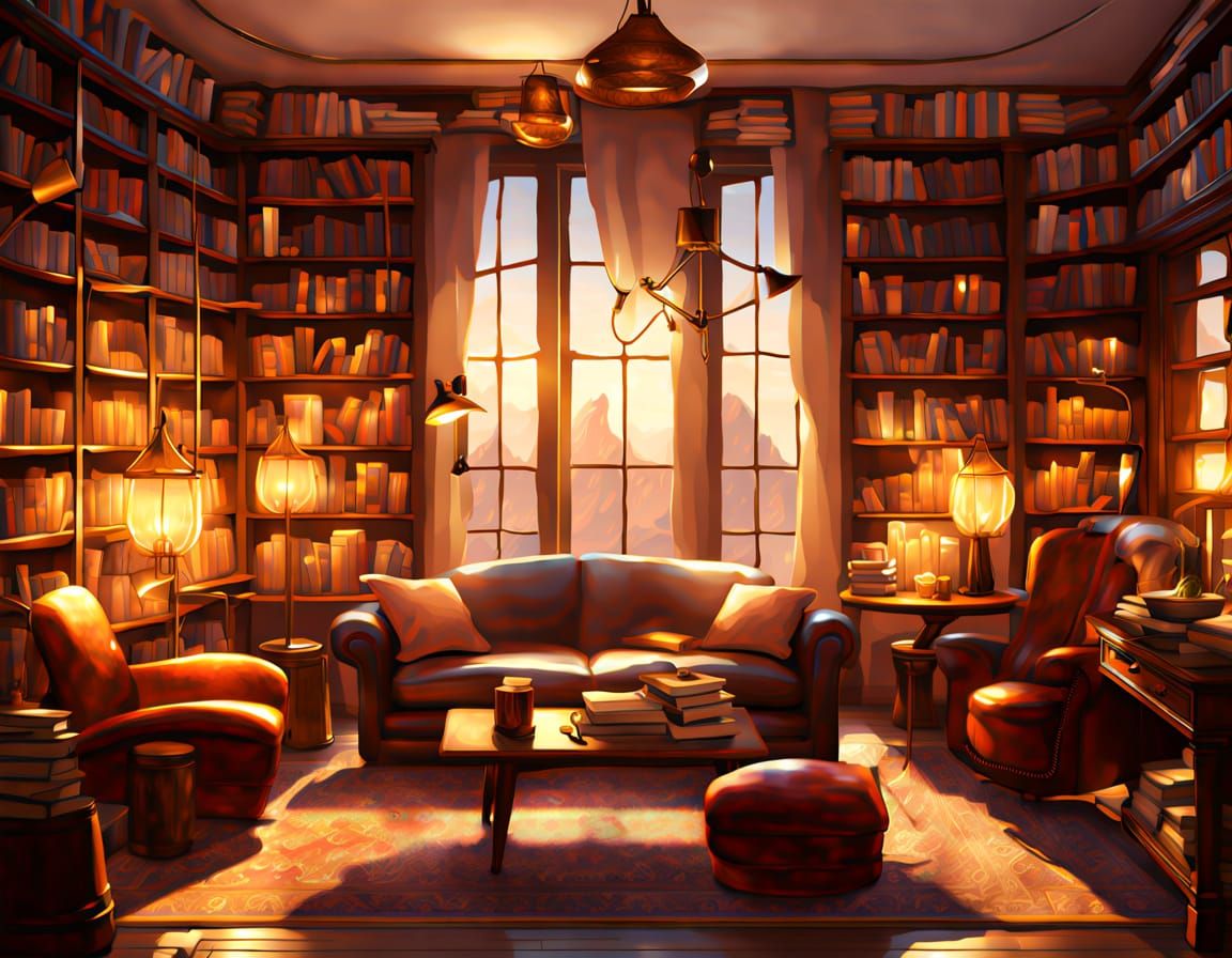 Cozy Bookshop Nook with Vintage Lanterns