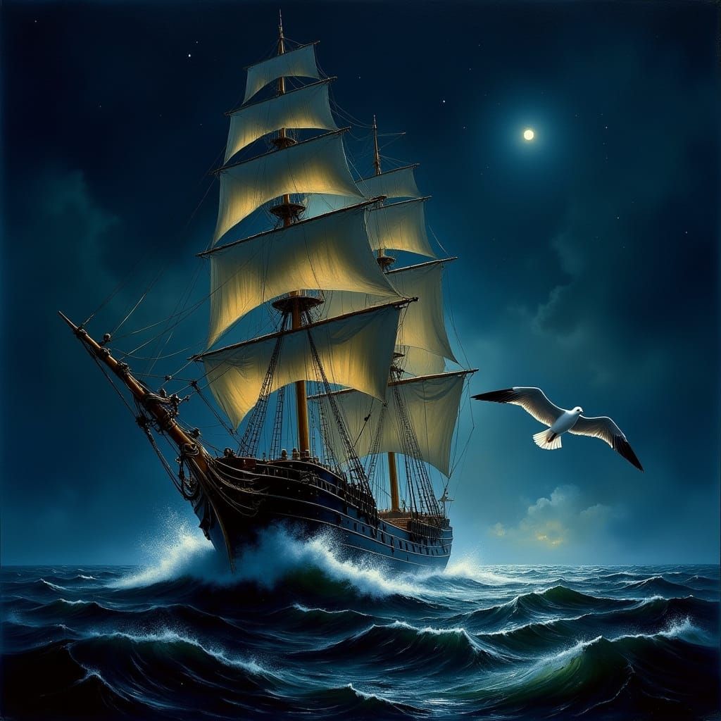Majestic Frigate Sails Under Starry Night Sky