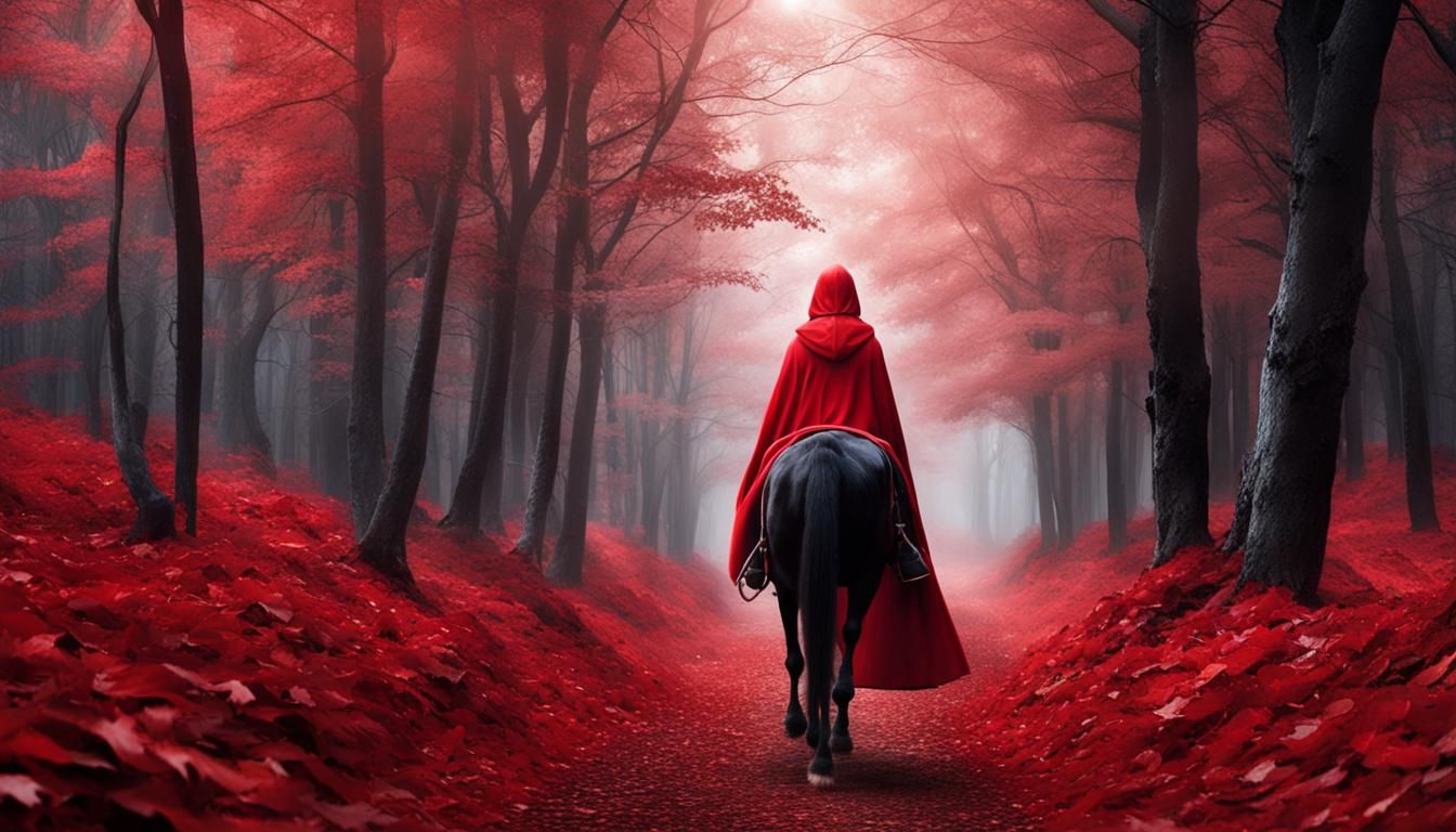 Woman on Horseback in Red Forest, Realistic Photo
