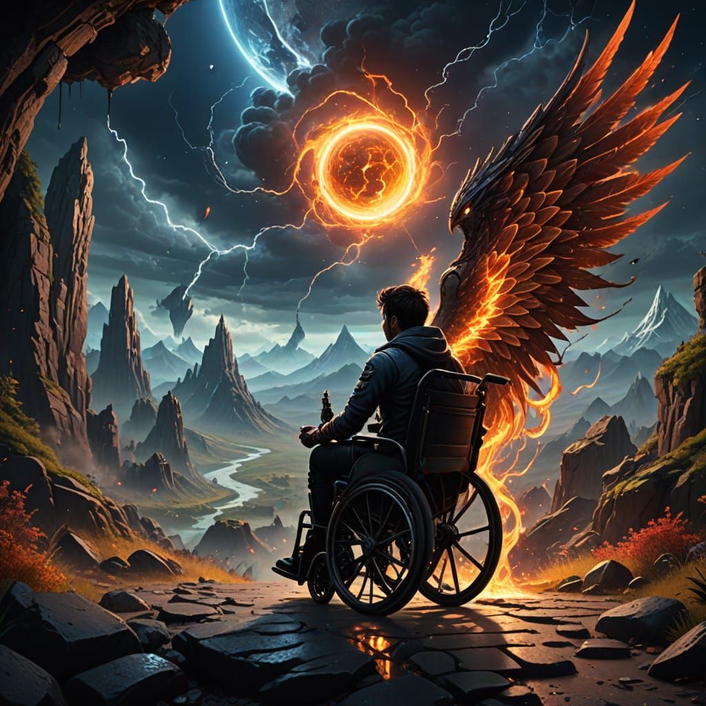 Winged Figure in Wheelchair Amidst Cosmic Landscape