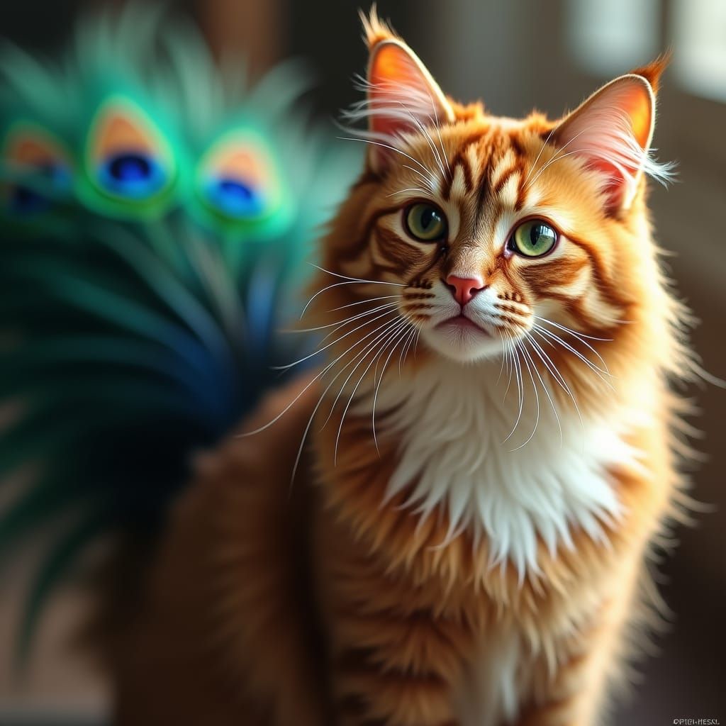 Majestic Cat with Peacock Tail, Wildlife Photography