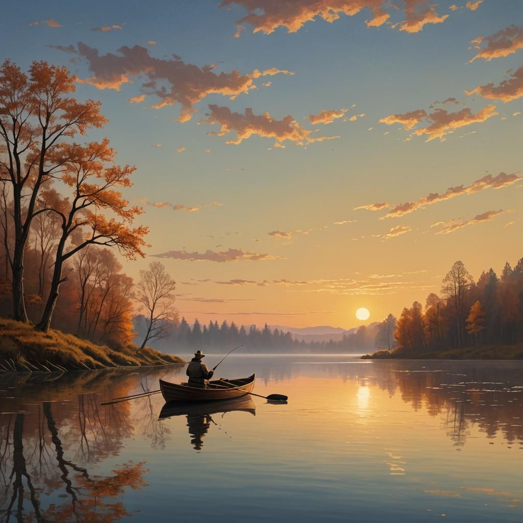 Fisherman in Rowboat on Lake: Romantic Landscape
