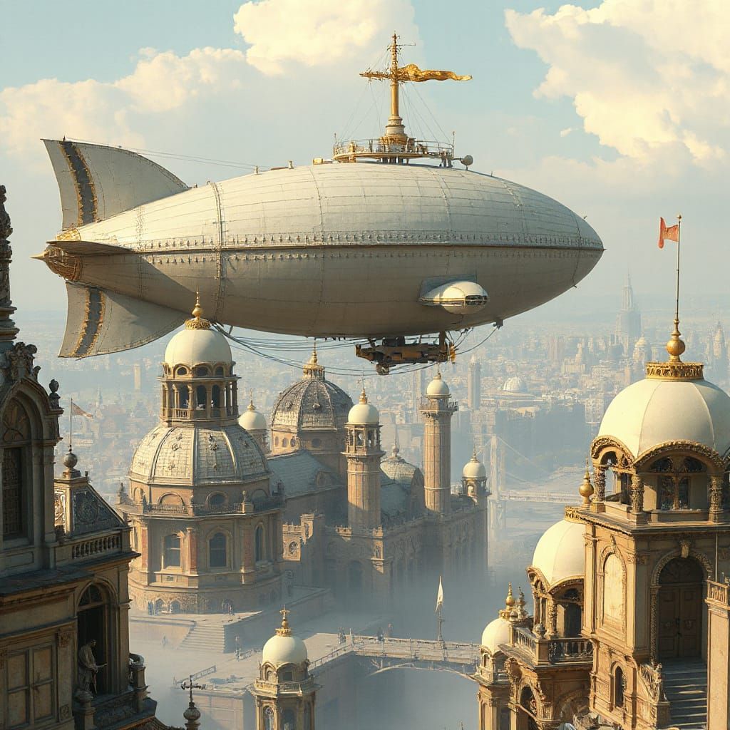 Steampunk Airship Over Fantasy City, Concept Art