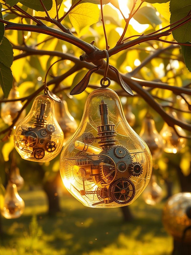 Clockwork Tree Bearing Crystalline Pears in Orchard