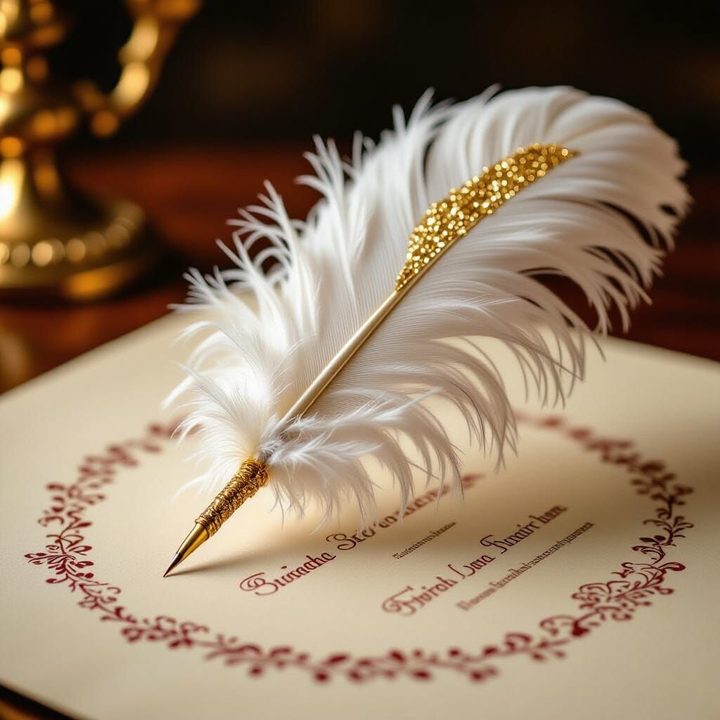 Ostrich Feather Quill with Golden Glitter and Red Engraving