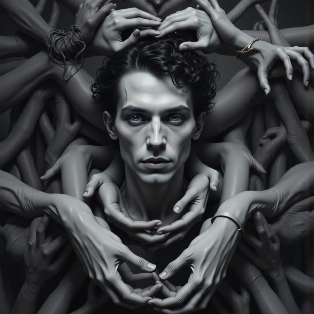 Melancholy Woman Enveloped in Surreal Folding Arms