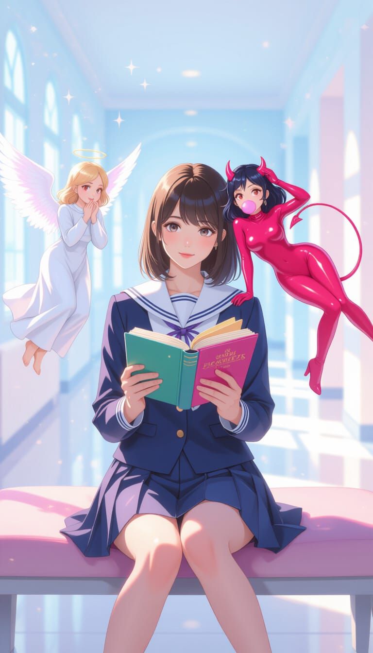 Young Woman with Angel and Devil in Anime Style