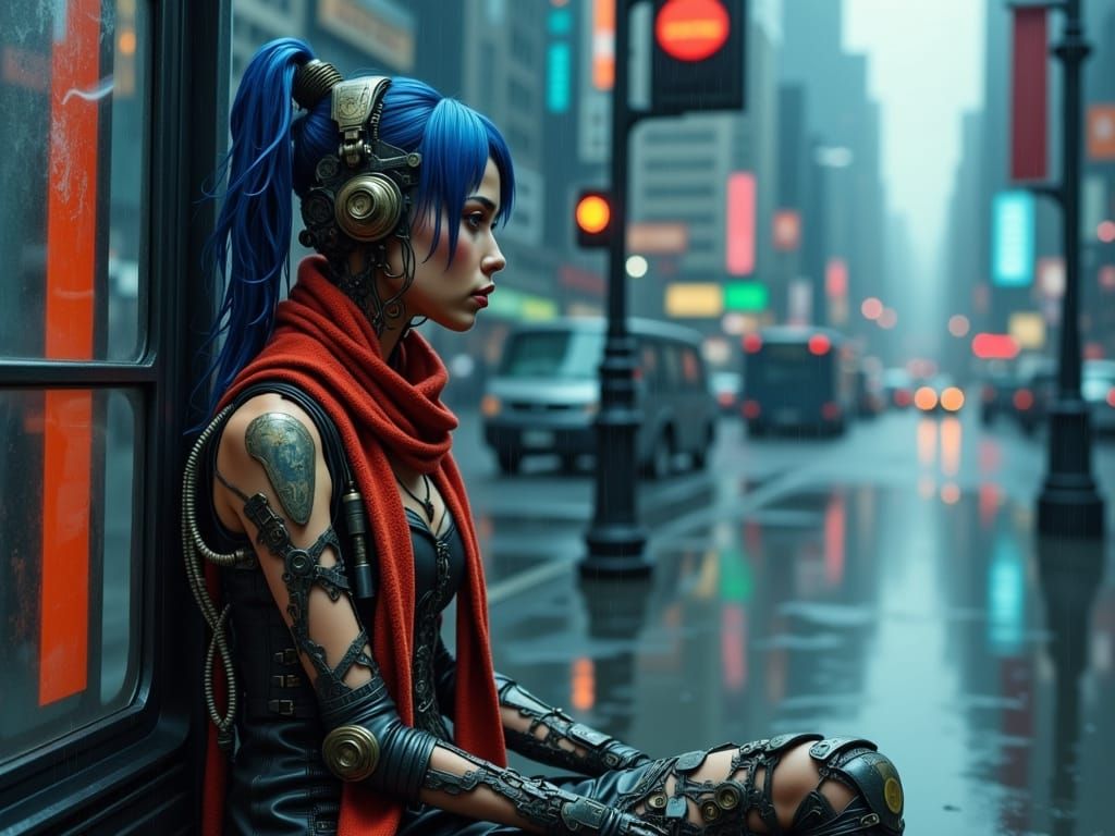 Cyberpunk Woman in Rainy City