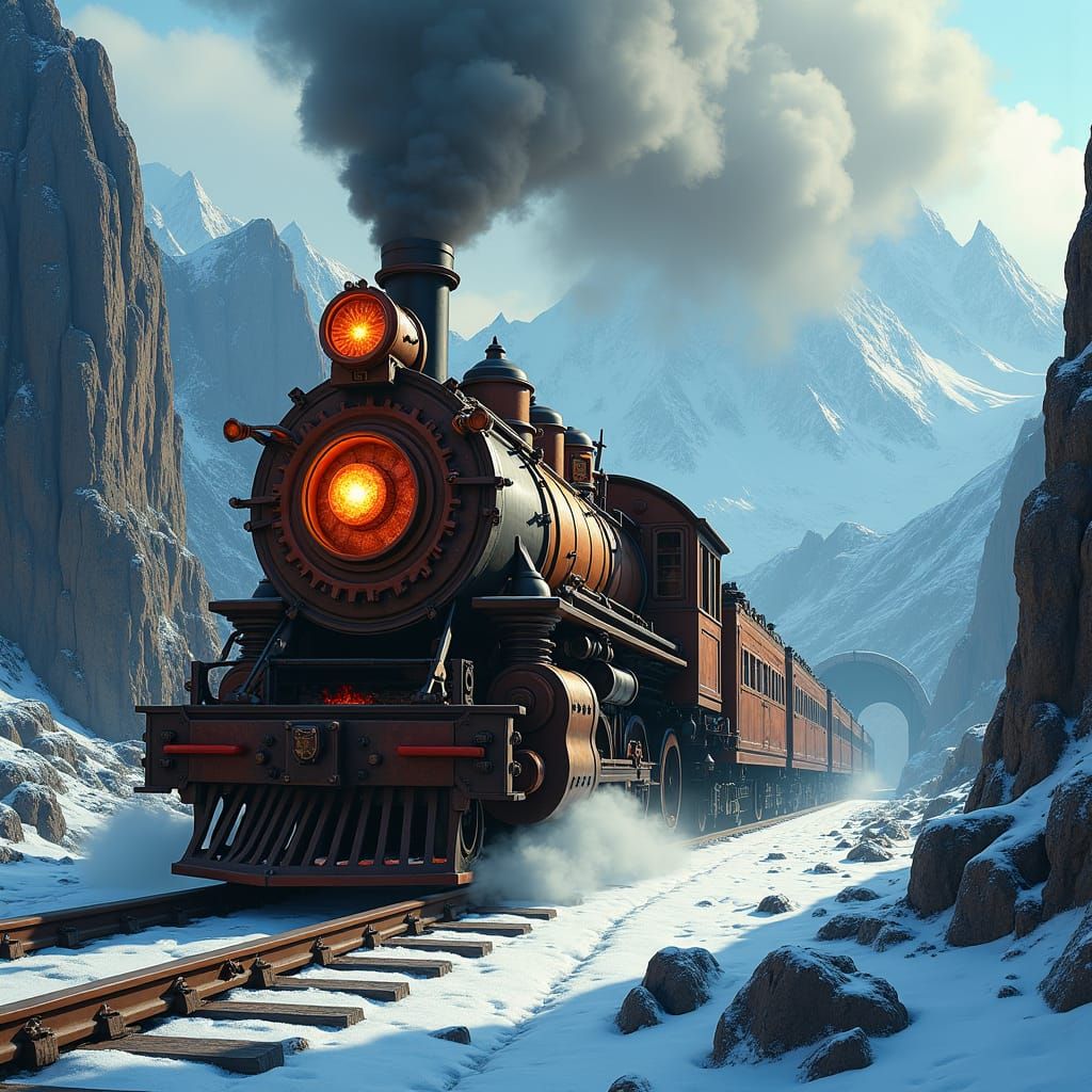 Dwarven Steam Train in Mystical Snowy Mountains