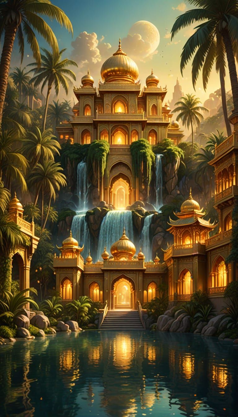 Golden Oriental Palace with Waterfalls and Palm Trees