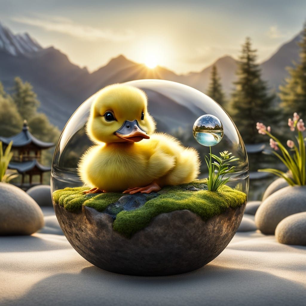 Cute Baby Duckling in Hyperrealistic Zen Garden Setting