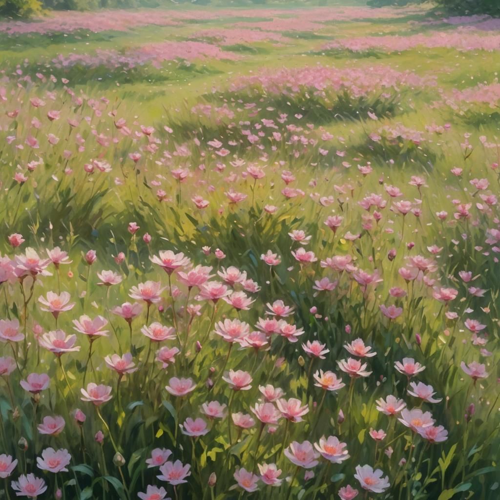 Pink Flowers in Impressionist Meadow Landscape