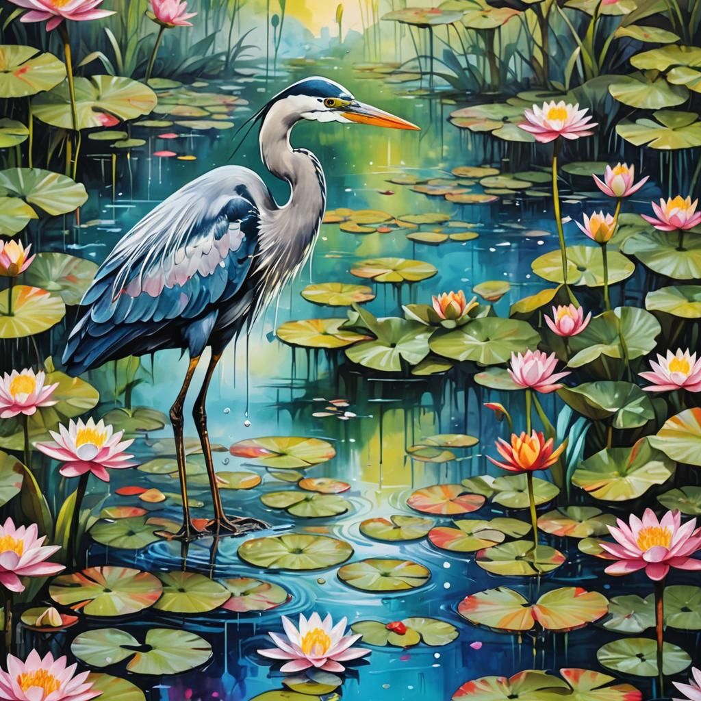 Heron Among Lilies in Bright Abstract Graffiti Art