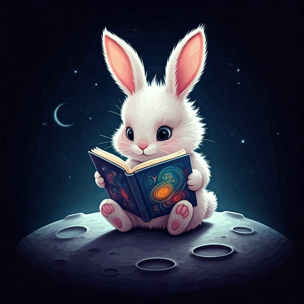 Cute Bunny Reading on the Moon in Watercolor Cartoon Style